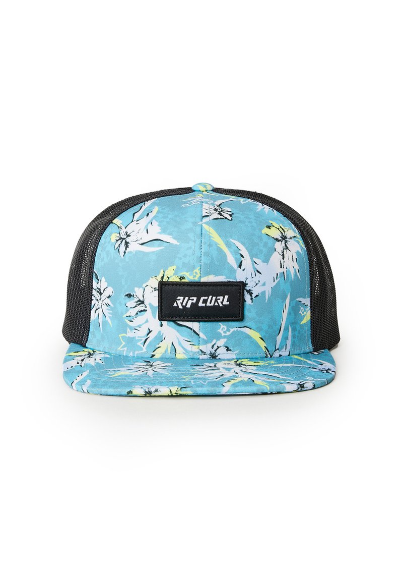 Blaues Cap mit tropischem Blumenmuster, schwarzen Mesh-Seiten und flachem Schirm. Mit einem schwarzen rechteckigen Logo-Patch auf der Vorderseite.