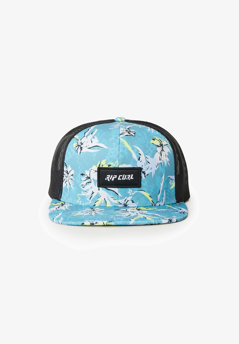 Blue cap with tropical floral pattern, black mesh sides, and a flat brim. Features a black rectangular logo patch on the front.