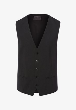 Schwarze formelle Weste mit fünf Knöpfen, V-Ausschnitt und zwei Leistentaschen, mit dem Label Finshley & Harding London.