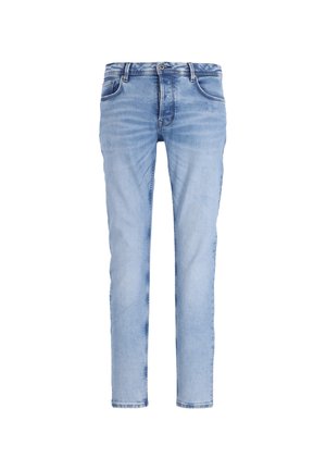 Jean slim bleu clair avec détails délavés, fermeture par bouton et zip à l'avant, et design à cinq poches sur fond blanc.