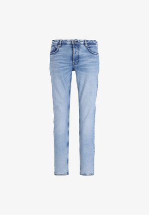 Hellblaue Slim-Fit-Jeans mit ausgewaschenen Details, Vorderknopf- und Reißverschluss sowie Fünf-Taschen-Design auf weißem Hintergrund.