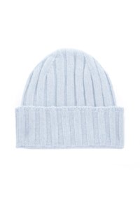 Cappello di lana azzurro chiaro con una texture a coste e orlo ripiegato. Materiale morbido che offre calore e una vestibilità aderente.