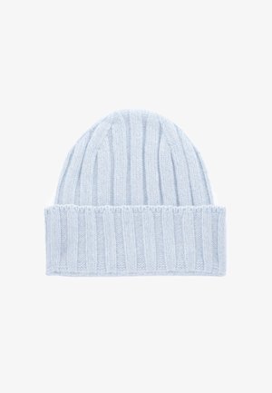 Cappello di lana azzurro chiaro con una texture a coste e orlo ripiegato. Materiale morbido che offre calore e una vestibilità aderente.