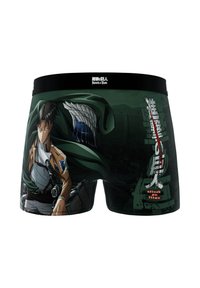 Boxers noirs présentant un graphique d'un personnage en cape verte, avec un artwork détaillé et le texte "Attack on Titan" en blanc et rouge.