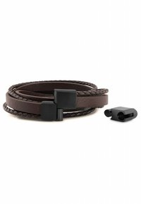 Brown leather bracelet with braided texture, featuring two black metal clasps. The design includes a smooth band and a curved end piece.
