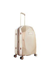 Hardshell suitcase in light gold with a geometric design, embossed branding, and four wheels. Features a retractable handle and dual zippers.