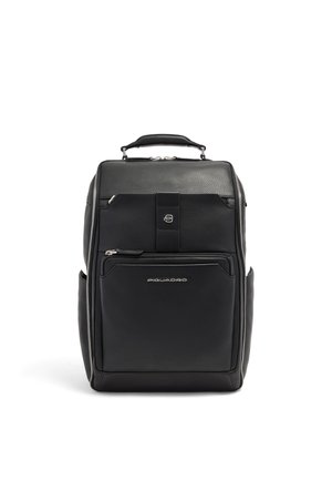 Black leather backpack with top handle, front zip pocket, side pockets, and Piquadro logo on the front pocket.