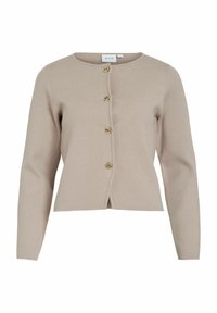 Cardigan beige en tricot avec des manches longues, un col rond et six boutons dorés sur le devant. Légèrement court avec un ourlet droit.