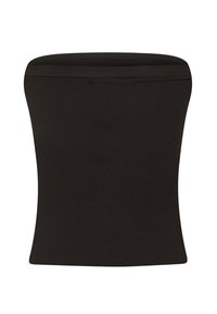 Top nero senza spalline realizzato in tessuto elasticizzato. Caratterizzato da un design senza cuciture, una silhouette aderente e una texture elegante.
