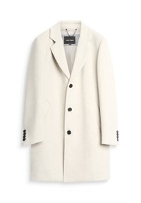 Abrigo blanco de mezcla de lana con solapas de pico, diseño de un solo boton, cinco botones negros y bolsillos laterales. Presenta puños abotonados.