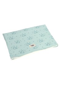 Muslin blanket in light blue, featuring printed designs of clouds and stars. Soft texture with a stitched edge and a label on one corner.