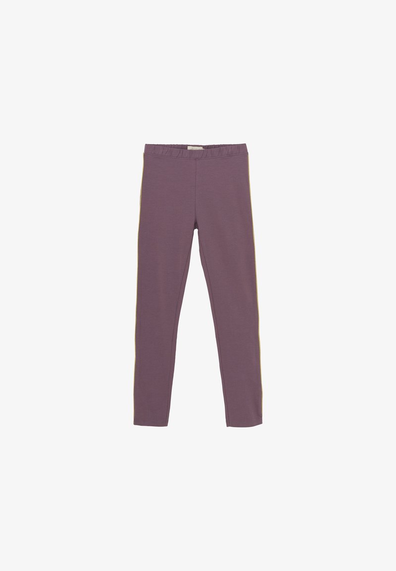 Leggings violets en matériau doux, avec une taille haute et une silhouette ajustée. Accents latéraux dans une couleur contrastante.