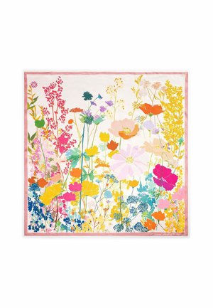 Brillante patrón floral con varias flores silvestres coloridas que incluyen amarillo, rosa, naranja y azul sobre un fondo blanco con borde rosa.
