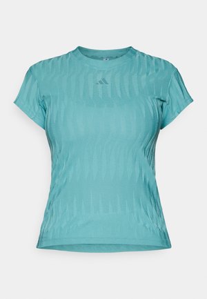 Aqua-colored short-sleeve athletic shirt with a textured design, featuring a crew neck and a small logo on the chest.
