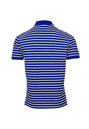 Modré polo tričko s krátkým rukávem a bílými vodorovnými pruhy, pohled zezadu na bílém pozadí.