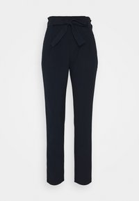 Svarta byxor med knytband i midjan, med slim fit, slät yta och sidofickor. Tillverkade av lätt material.