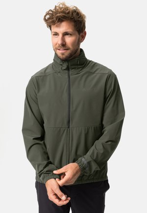 Green, lightweight jacket with a high collar, zip closure, elastic cuffs, and gathered hem. Features logo on the chest and sleeve.