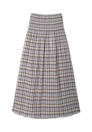 Falda midi plisada de talle alto con patrón de cuadros en azul, marrón y blanco y cinturilla elástica.