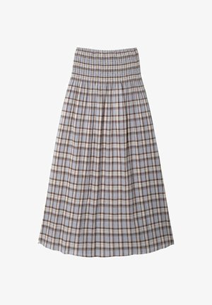 Falda midi plisada de talle alto con patrón de cuadros en azul, marrón y blanco y cinturilla elástica.