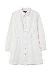 Abito camicia in denim bianco con maniche lunghe, chiusura con bottoni frontale, due tasche sul petto e dettagli in vita. Tessuto liscio con bottoni tono argento.