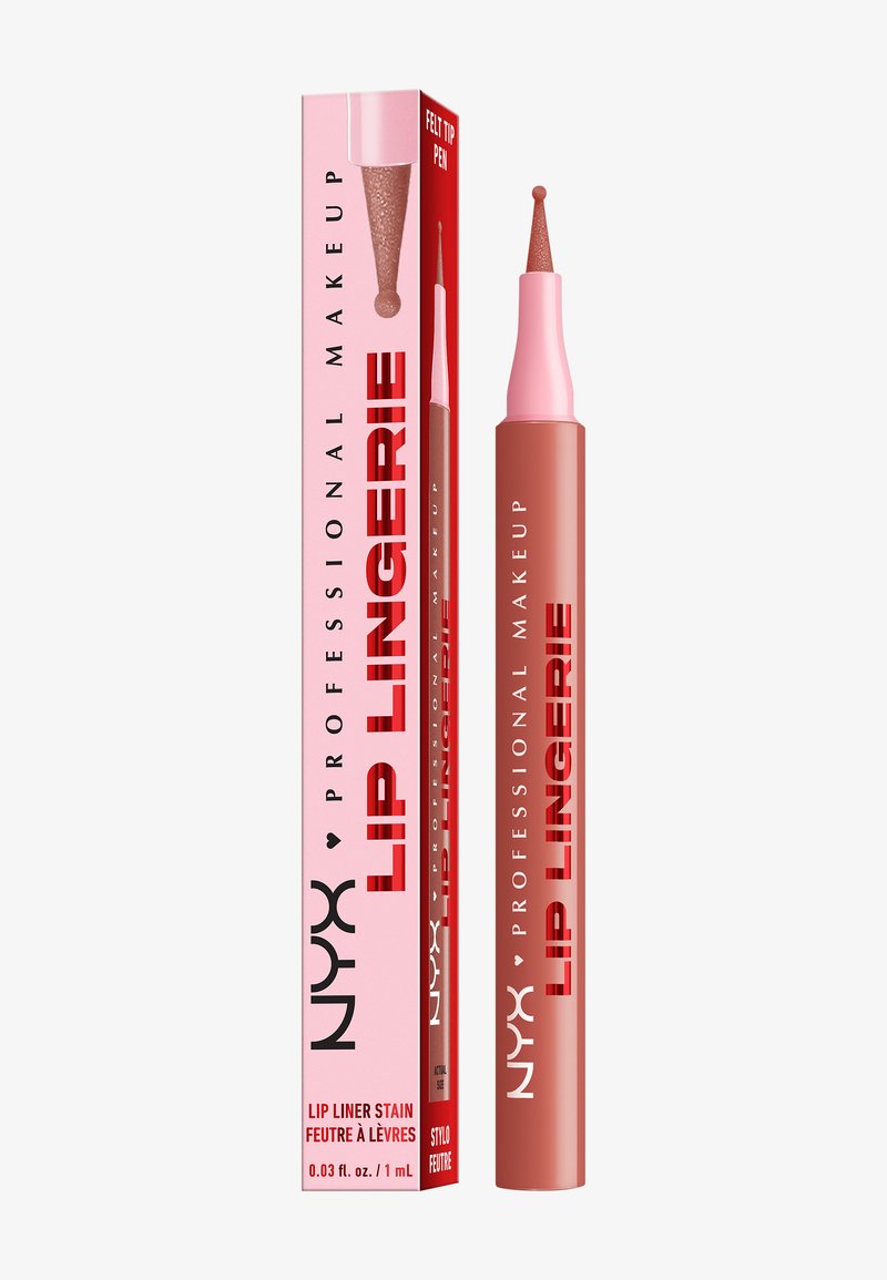 NYX Lip Lingerie, een lipliner met vilten punt in een cilindervormige bruine huls, gecombineerd met een roze doos met gedurfde rode tekst en glanzende accenten.