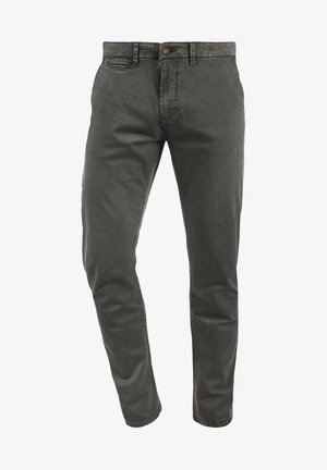 Pantalon en coton gris avec coupe slim, doté d'une fermeture éclair, d'un bouton et de poches avant. Motif texturé subtil sur l'ensemble.