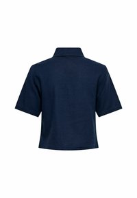 Chemise bleu marine à manches courtes avec col, vue de dos, avec un ourlet droit et une coupe décontractée.