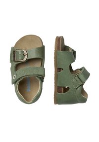 Gröna lädersandaler med justerbar spänne, öppna sidor, texturerad innersula och brun gummisula. Har logodetalj på remmen.