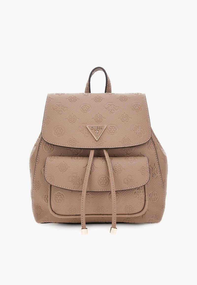 Tan textured backpack with a flap, logo accents, and a drawstring closure. Features a front pocket and adjustable straps.