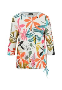 Bluse mit Blumenmuster und dreiviertel Ärmeln. Verfügt über helle Farben wie Orange, Rosa und Türkis auf einem strukturierten weißen Hintergrund. Mit Seitenschnürung.