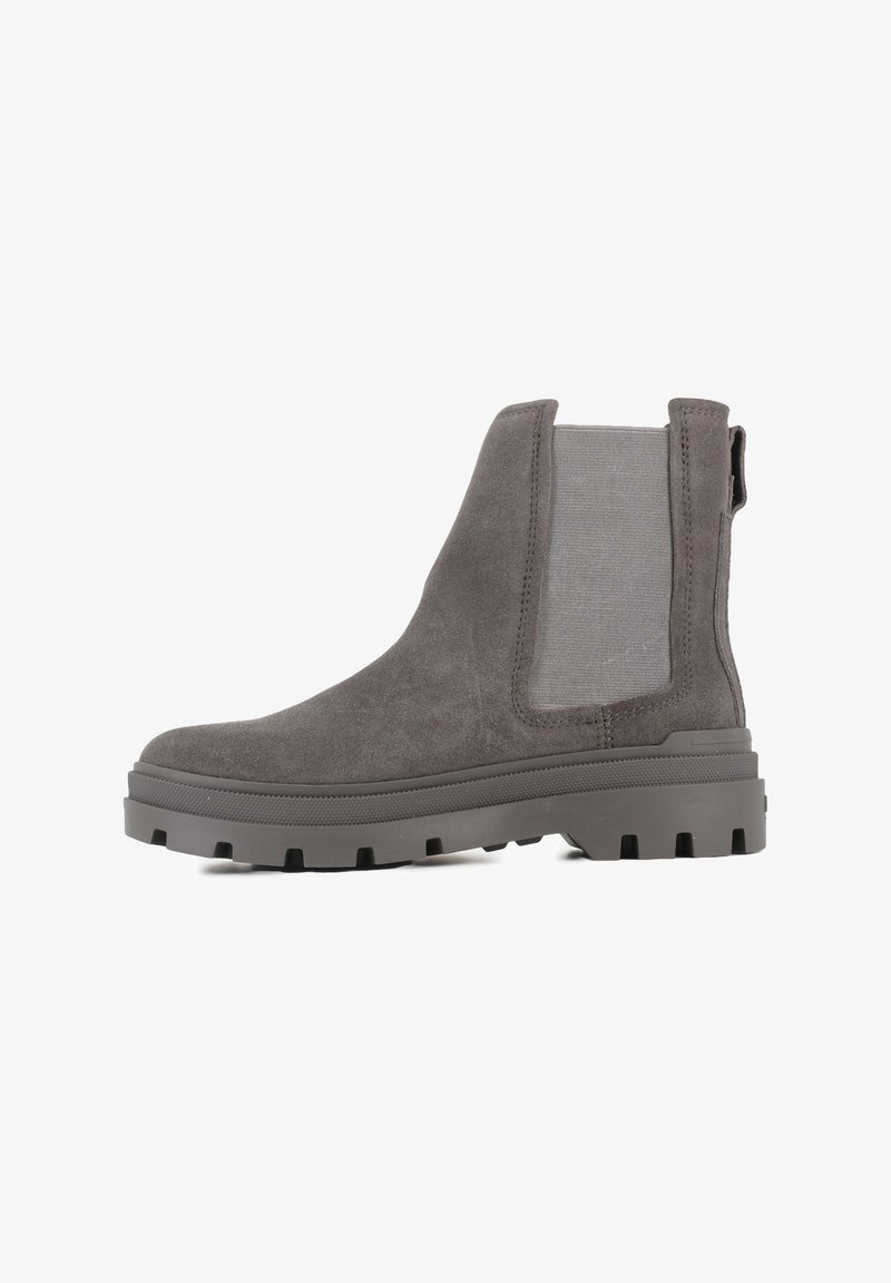 Gray suede ankle boot with elastic side panels and a pull tab. Features a sturdy, textured rubber sole for traction.