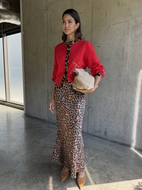 Sarkans vilnas kardigans pār melnu un brūnu leoparda raksta kleitu ar platu apakšējo daļu. Beigēna rokassoma un brūnas, norādītas kurpes ar tapām. Gludas tekstūras.