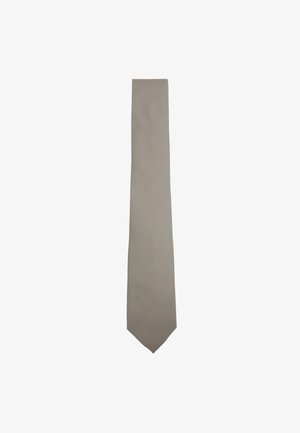 Grijze gestructureerde herenhalsdoek met een subtiel geweven patroon, plat gelegd tegen een witte achtergrond.