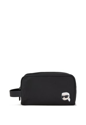 Borsa da toiletta in nylon nero con forma rettangolare, dotata di una maniglia laterale e un dettaglio con logo cartoon sul davanti. Texture liscia.