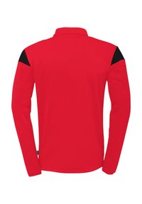 Rød langærmet skjorte med krave og sorte skulderdetaljer. Glat tekstur med moderne pasform, ideel til sport eller afslappet brug.