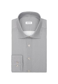 Camicia a maniche lunghe con motivo bianco e nero, colletto a punta, patta dei bottoni e polsino con un solo bottone, caratterizzata da una texture di tessuto liscia.