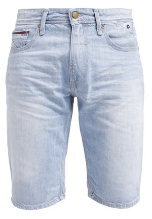 Hellblaue Denim-Shorts mit klassischem Fünf-Taschen-Design, Knopfverschluss und subtiler Verwaschung für eine eingetragene Optik.