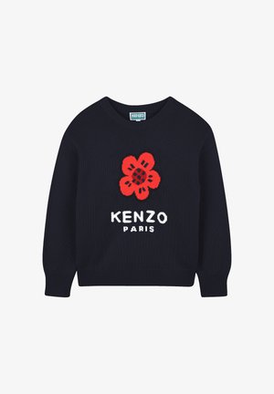 Maglione lavorato a maglia blu navy con un grande motivo a fiore rosso con accenti neri e il testo "KENZO PARIS" in bianco sotto. Collo rotondo.