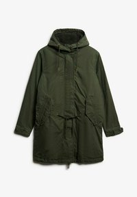 Parka verte en tissu doux et durable, dotée d'une taille à cordon, de poches avant et d'une capuche doublée avec cordons de serrage réglables.