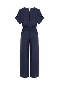 Combinaison bleu marine à manches courtes, jambes larges, taille élastique et ouverture dos avec bouton.