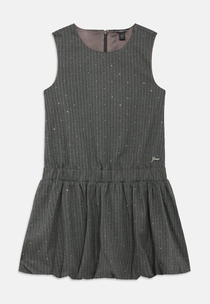 Φόρεμα από σκούρο γκρι ύφασμα με κάθετες ρίγες και σκορπισμένες ασημένιες λεπτομέρειες. Αμάνικο σχέδιο με εφαρμοστή κορυφή και φούστα που ανοίγει προς τα κάτω.