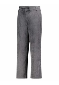 Grijze corduroy broek met een rechte pijp, voorzien van een knoopsluiting, riemlusjes en een verticale geribbelde textuur.