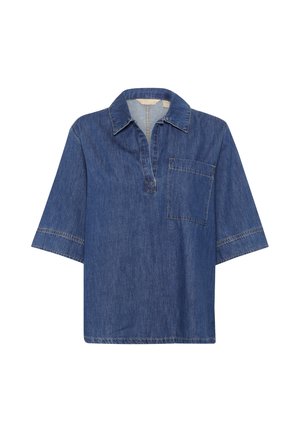 Camicia di jeans con vestibilità rilassata, maniche corte, colletto e una tasca sul petto. Colore blu profondo con cuciture a contrasto.