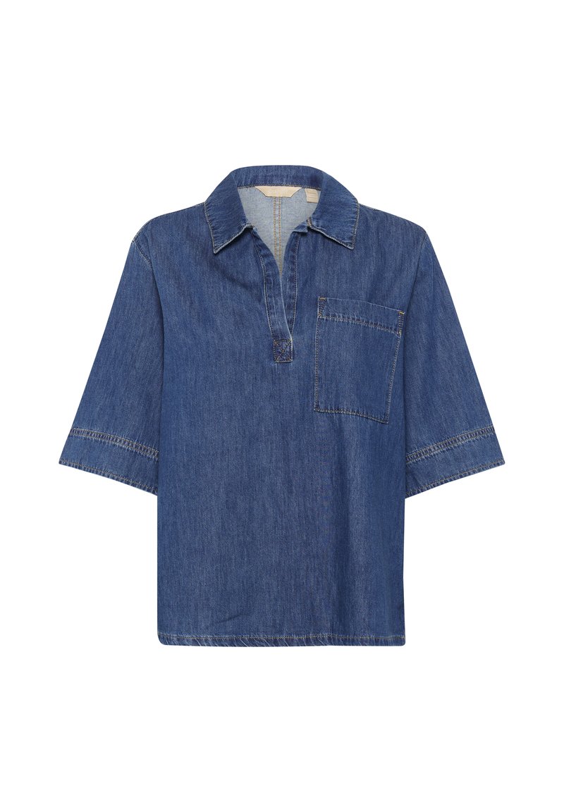 Denim srajca z ohlapnim krojem, kratkimi rokavi, ovratnikom in enim žepom na prsih. Temno modra barva z kontrastnim šivanjem.