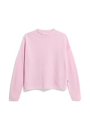 Rosa gerippter Pullover mit Rundhalsausschnitt, überschnittenen Schultern und langen, manikürten Ärmeln. Verfügt über ein cropped Design und ein dezentes, strukturiertes Muster.