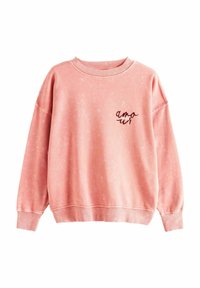Sweatshirt roz cu guler rotund, featuring un material ușor texturat, manșete ribbate și un mic logo brodat "amour" pe piept.
