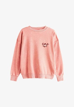 Różowy sweatshirt z okrągłym dekoltem, wykonany z lekko textured tkaniny, z prążkowanymi mankietami oraz małym haftowanym logo "amour" na piersi.