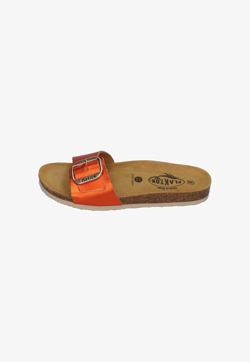 Orange synthetic slide sandal with a wide strap and a silver metal buckle, featuring a textured cork footbed and rubber outsole.