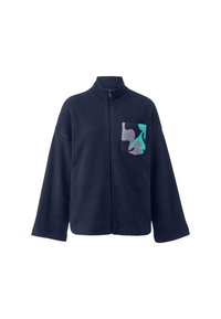 Marineblaue Fleece-Jacke mit Reißverschluss und hohem Kragen, ausgestattet mit einer strukturierten Tasche mit einem mehrfarbigen abstrakten Design. Lockerer Schnitt und lange Ärmel.