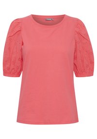 Tricou corai cu guler rotund și mâneci scurte tip puff, decorat cu broderie florală. Fabricat din bumbac moale, cu o textură netedă.